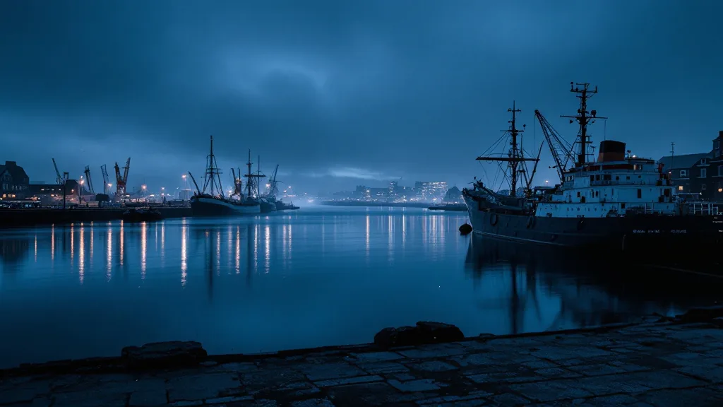 A northern European harbour at dusk