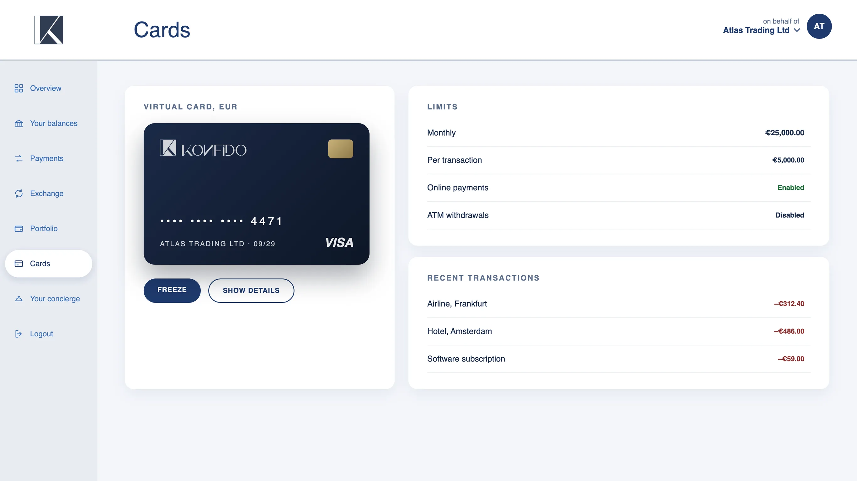 Konfido platform, cards with sample data