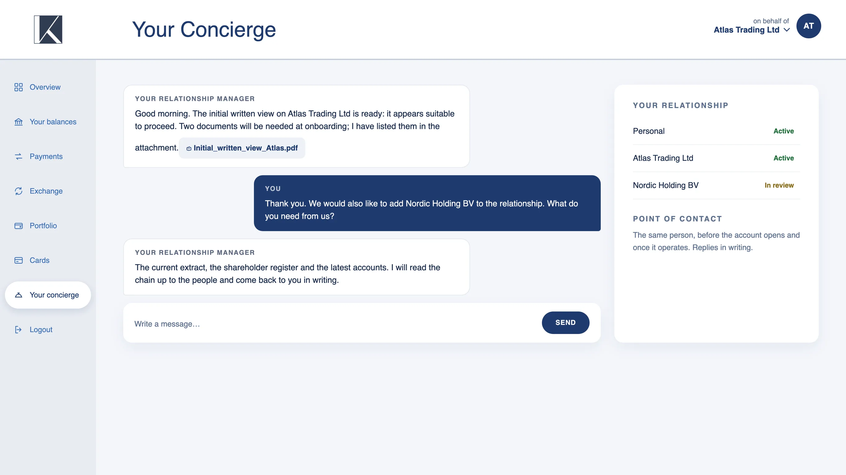 Konfido platform, concierge conversation with the relationship manager, sample data
