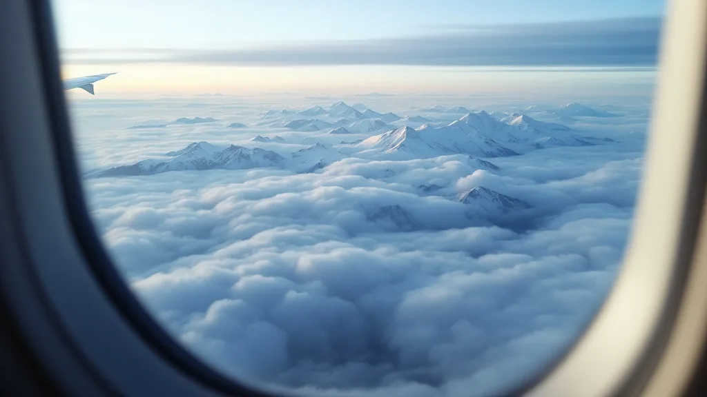 The Alps at dawn, seen from an aircraft window above the clouds